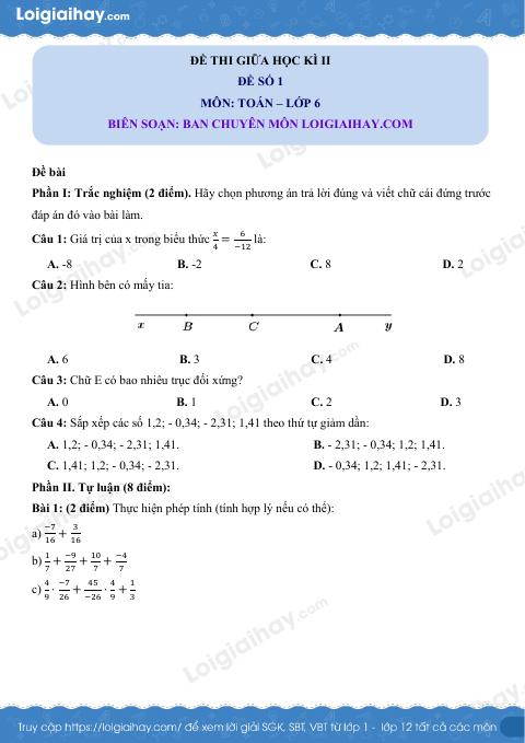 Đề thi giữa kì 2 Toán 6 - Đề số 1 - Chân trời sáng tạo